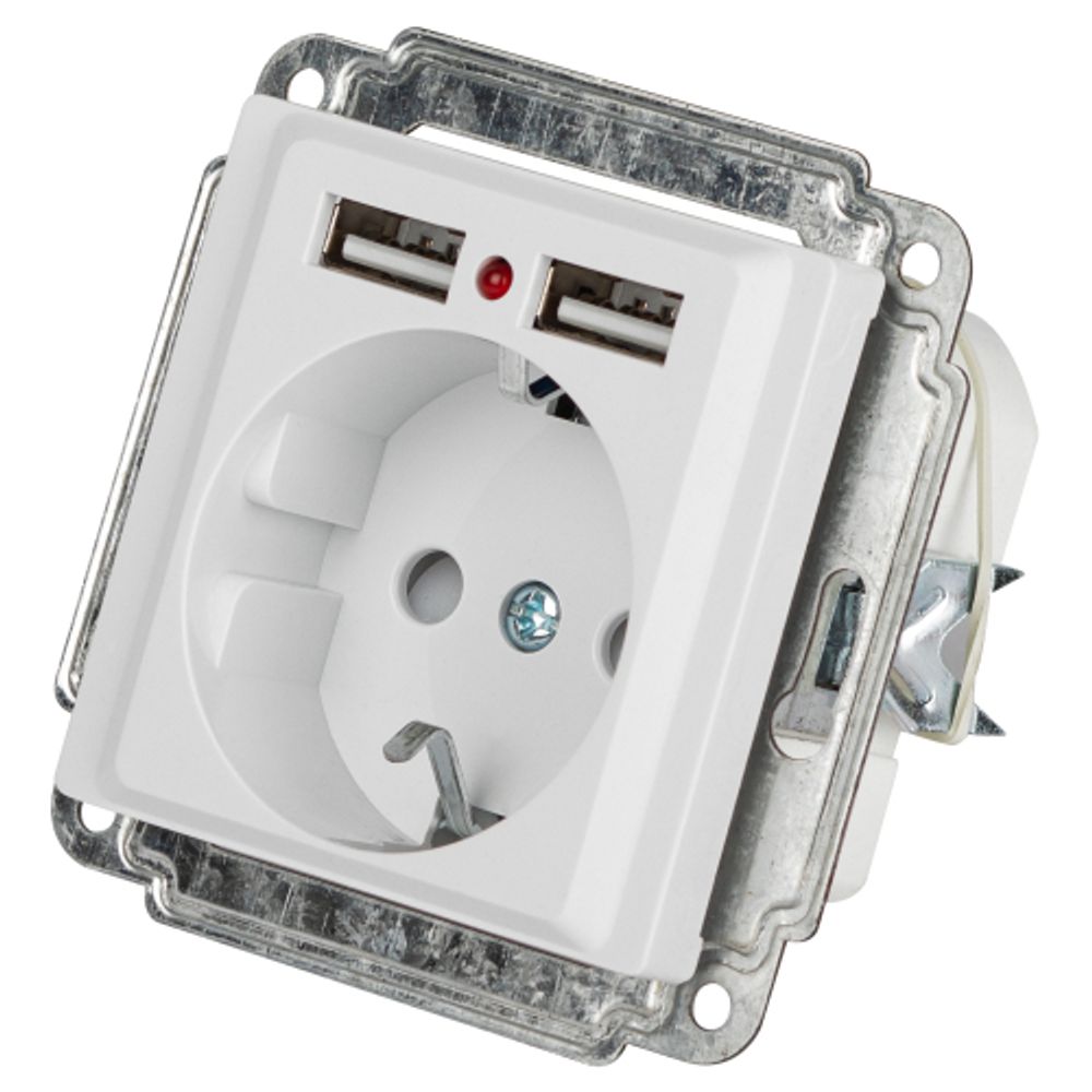Розетка Intro Accent 6-410-01 P+E Schuko со шторками, 16А-250В + 2хUSB, IP20, СУ, белый | Intro