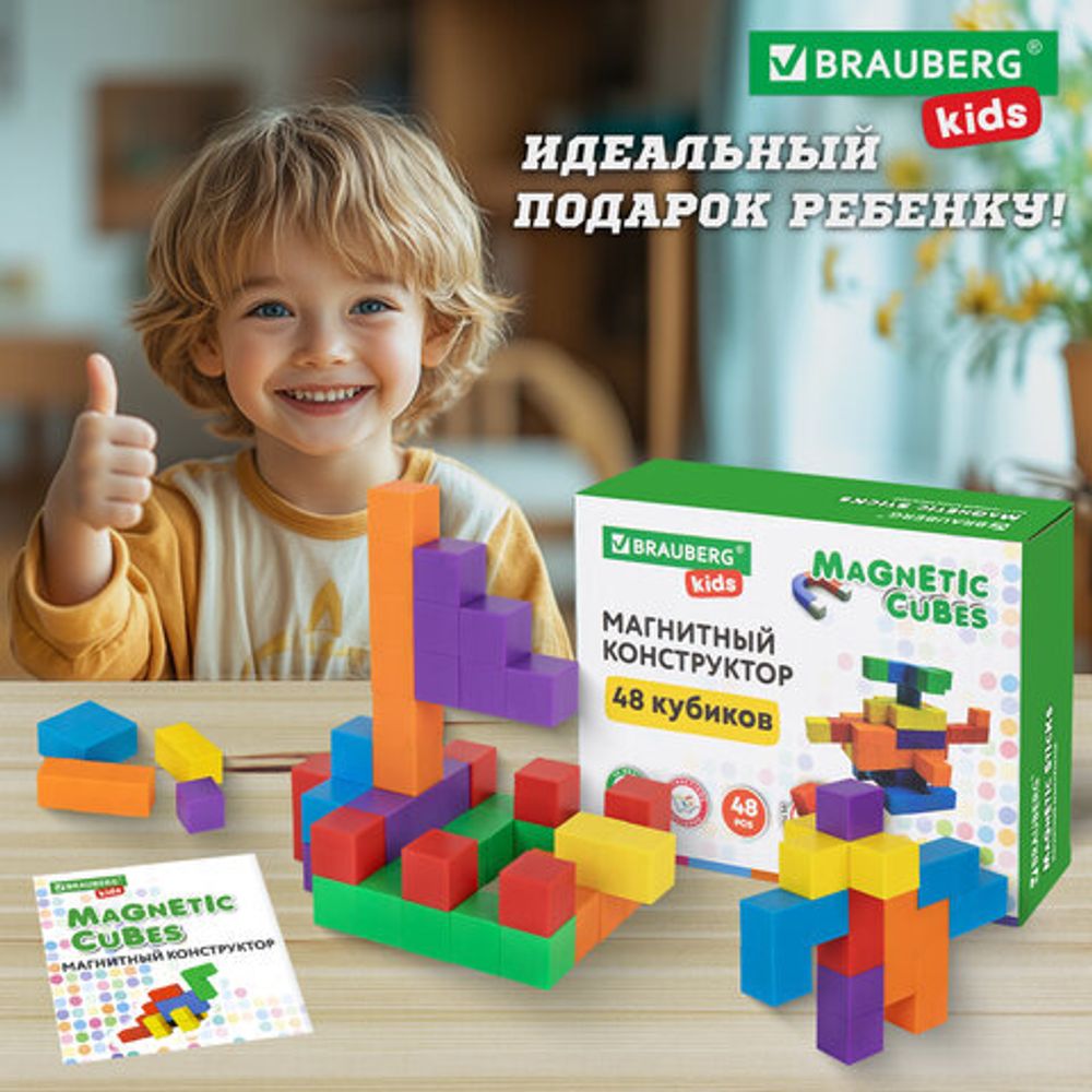 Магнитный конструктор MAGNETIC CUBES "КУБИЧЕСКИЙ", 48 магнитных кубиков, BRAUBERG KIDS, 665723