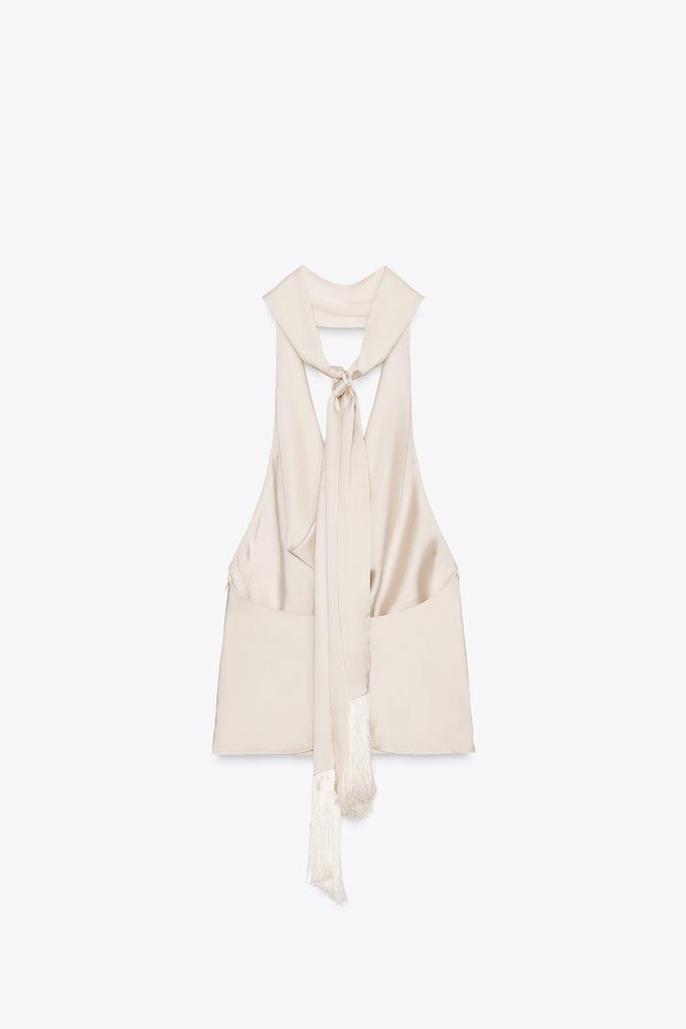 ZARA АТЛАСНЫЙ ТОП С ГОРЛОВИНОЙ ХАЛТЕР И БАХРОМОЙ, ПЕСОЧНЫЙ