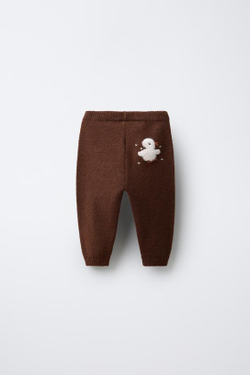 ZARA ТРИКОТАЖНЫЕ БРЮКИ-ДЖОГГЕРЫ С ВЫШИТЫМ УТЕНКОМ, КОРИЧНЕВЫЙ