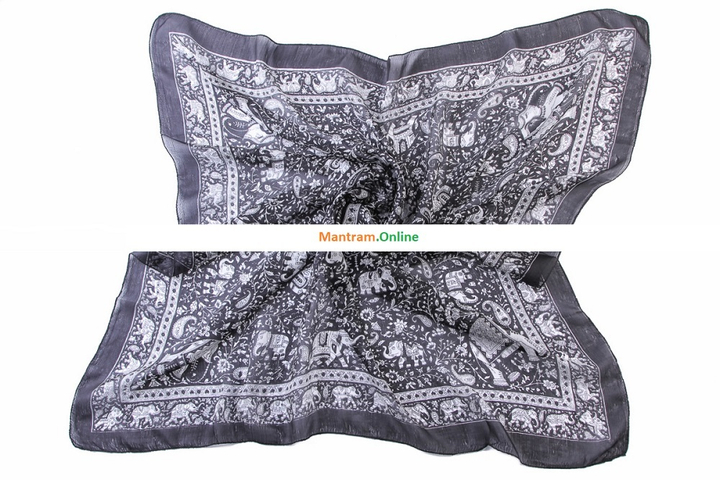 Платок материал Шелк 100% Индийские слоны цвет белый на черном 100x100см.