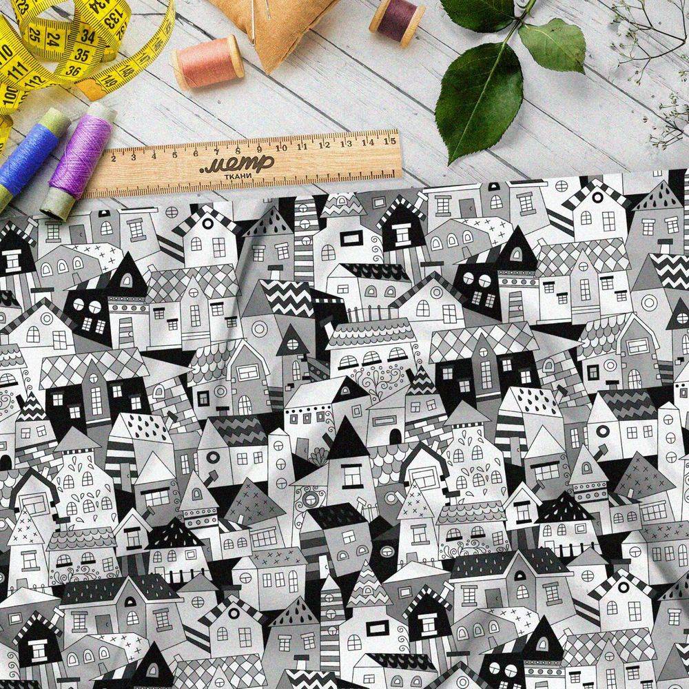Ткань барби чёрно-белые резные дома