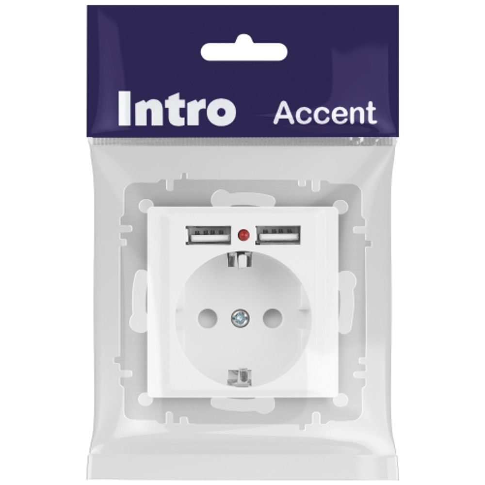 Розетка Intro Accent 6-410-01 с заземлением 2P+E Schuko со шторками 16А-250В + 2хUSB IP20 СУ белый | Intro