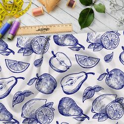 Ткань габардин нарисованные синей пастой фрукты