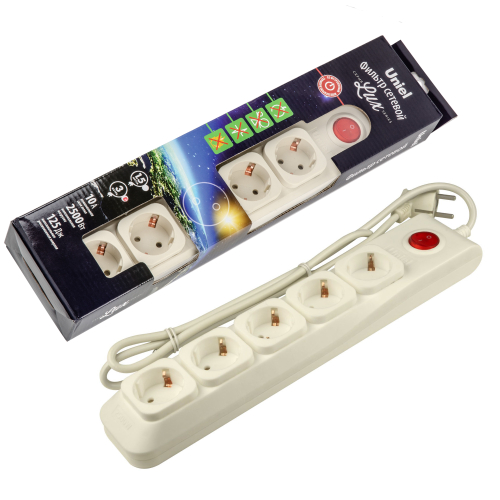 S-GSL5-3 IVORY Cетевой фильтр серии Lux, 3м (Пвс 3*0,75), 5 гнезд, с/з. 10А. Защита от перенапряжения, короткого замыкания. TM Uniel.