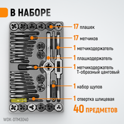 WDK-DTM3040 Набор метчиков и плашек М3-М12, 40 предметов, метрическая резьба