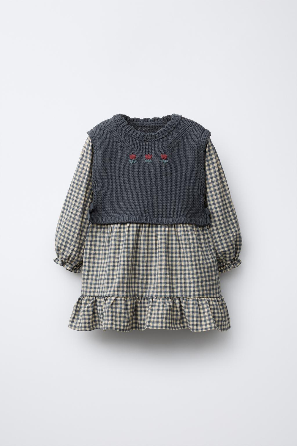 ZARA ПЛАТЬЕ В КЛЕТКУ С КОМБИНИРОВАННЫМ ТРИКОТАЖНЫМ ЖИЛЕТОМ, ВЫЦВЕТШИЙ СИНИЙ