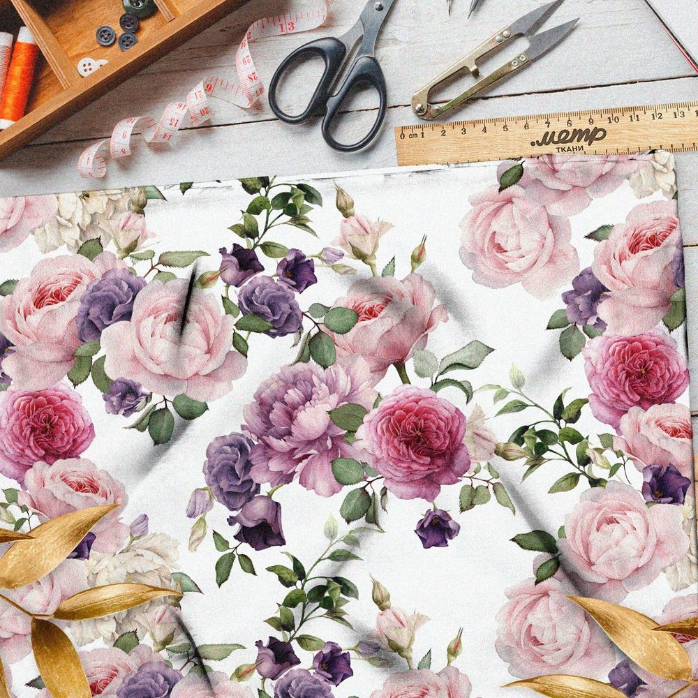 Ткань оксфорд 600 розово-фиолетовые пионы