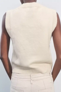 ZARA ОДНОТОННЫЙ ТРИКОТАЖНЫЙ ЖИЛЕТ, ЭКРЮ