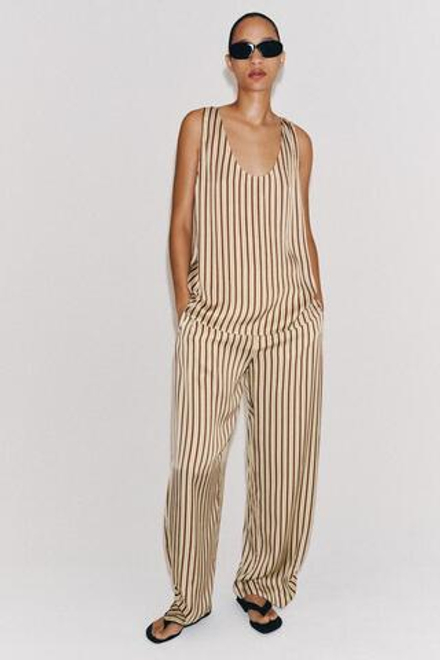 ZARA БРЮКИ BALLOON В ПОЛОСКУ ZW COLLECTION, ЭКРЮ/ГРАНАТОВЫЙ