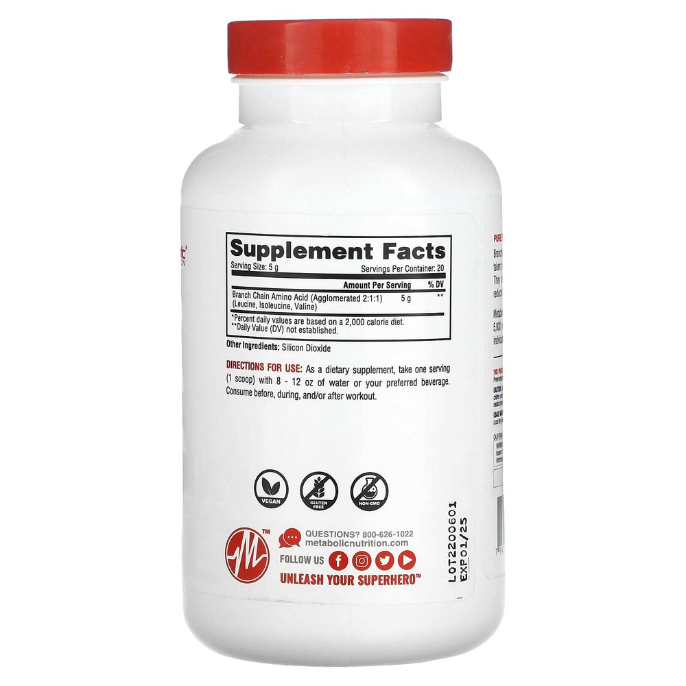 Metabolic Nutrition, BCAA, без добавок, 100 г (3,52 унции)