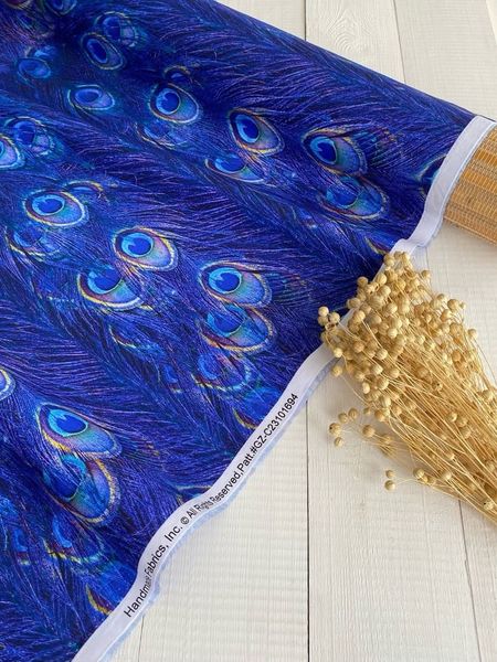ПЕРО ПАВЛИНА синее , отрез 50 см 100% хлопок Handmade Fabrics 5