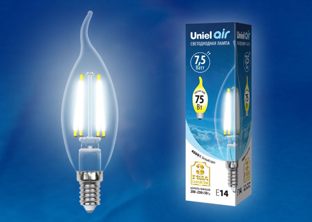LED-CW35-7,5W/NW/E14/CL GLA01TR Лампа светодиодная. Форма свеча на ветру, прозрачная. Серия Air. Белый свет (4000K). Картон. ТМ Uniel