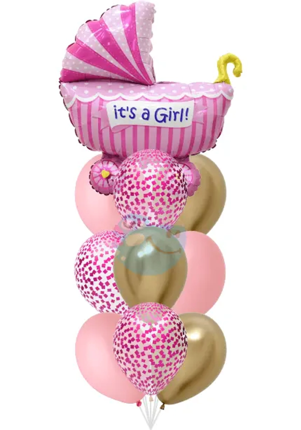 Фонтан на выписку для девочки с коляской из 10 воздушных шаров с гелием