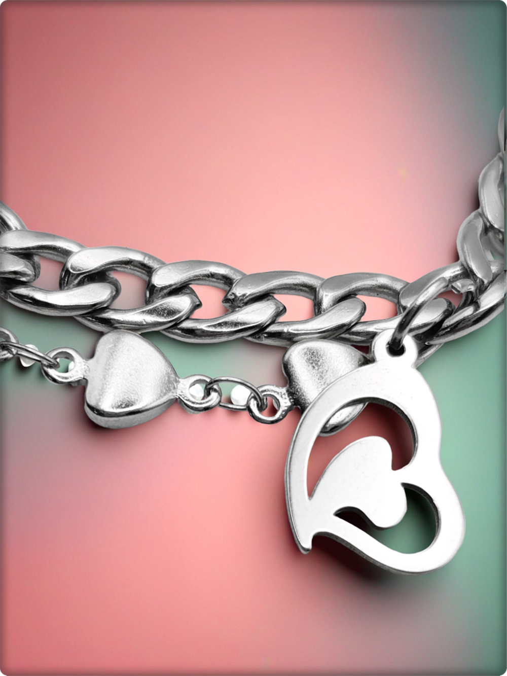 Браслет стальной "Сердце" длина 18см.