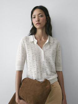 Massimo Dutti Свитер с воротником поло, натуральный/кремовый