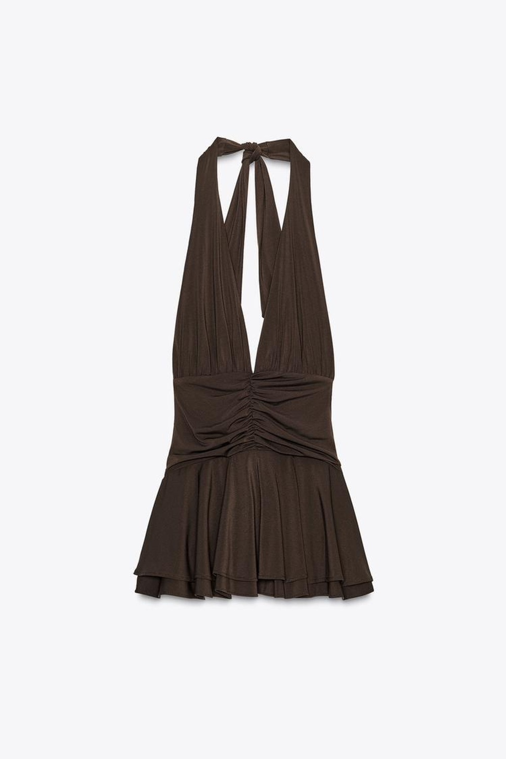 ZARA ПЛАТЬЕ-КОМБИНЕЗОН ХАЛТЕР, ТЕМНО-КОРИЧНЕВЫЙ