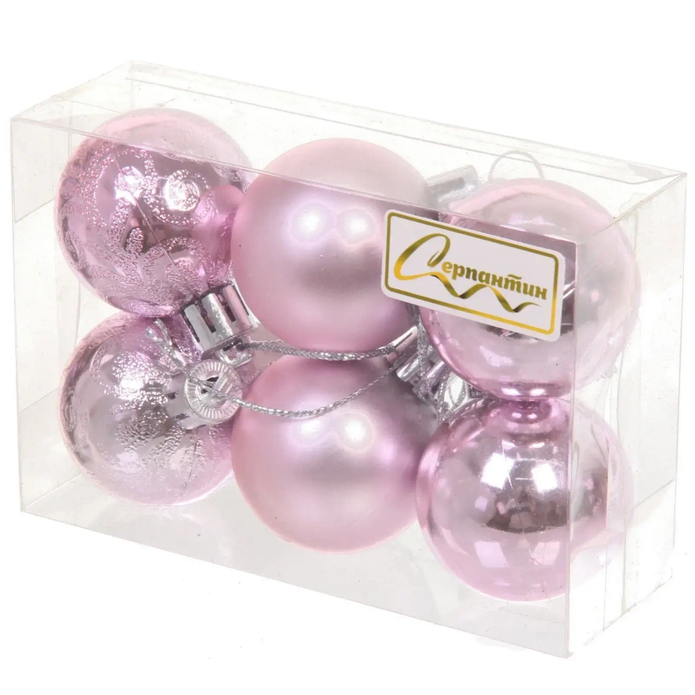 Новогодние шары 4 см (набор 6 шт) «Микс фактур», розовый