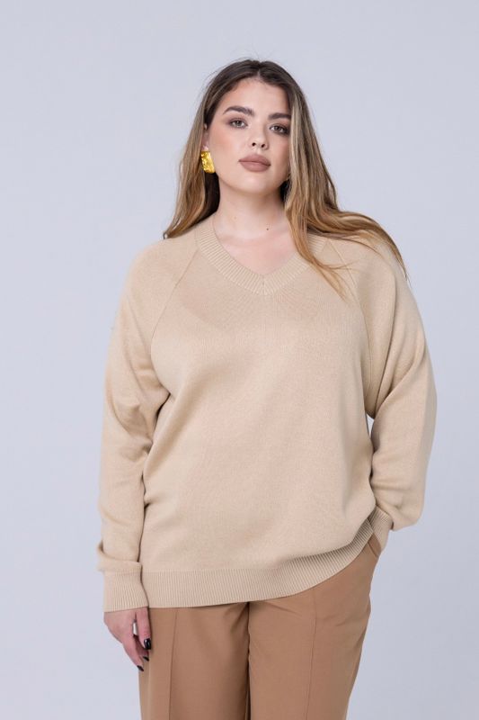 Джемпер вязаный реглан с V-образным вырезом, песочный