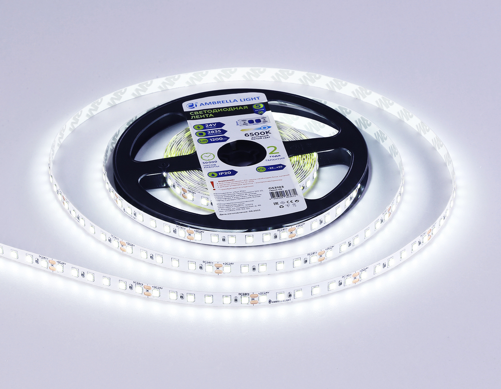 Светодиодная лента GS3103 2835 120Led/ 10W m/ 24V IP20 6500K/ 5000*8*1.2mm/ кратность резки 50mm (2 конт.)