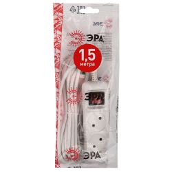 Удлинитель электрический ЭРА U-2s-1,5m-2x1 без заземления c выключателем 2 розетки 1,5м ПВС 2x1мм2 10А