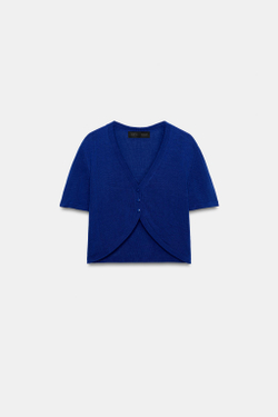ZARA КОРОТКИЙ КАРДИГАН С V-ОБРАЗНЫМ ВЫРЕЗОМ, СИНИЙ ЭЛЕКТРИК