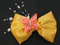 Бант-автомат 0032-25-Жёлтый с розовой бабочкой