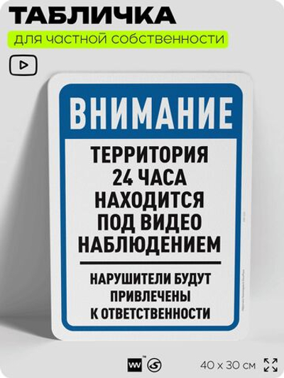 Табличка для частной территории "Внимание, территория находится под видеонаблюдением", на дом, для участка, организаций, предупреждающая, 40х30 см, Silver Plane x Айдентика Технолоджи