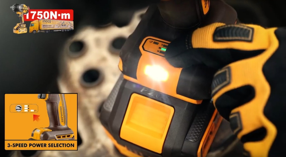 Аккумуляторный бесщеточный ударный гайковерт INGCO CIWLI201751 INDUSTRIAL 20 В 1/2" 1750 Нм / 2100 Нм