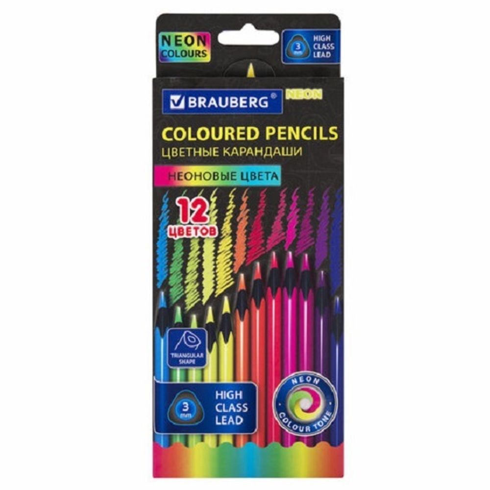 Карандаши цветные трехгранные 12цв. Brauberg Neon, черное дерево