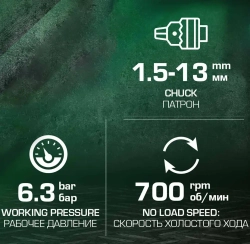 Дрель пневматическая (700об/мин, патрон - 1.5-13мм,6.3bar) RockFORCE RF-QE-343