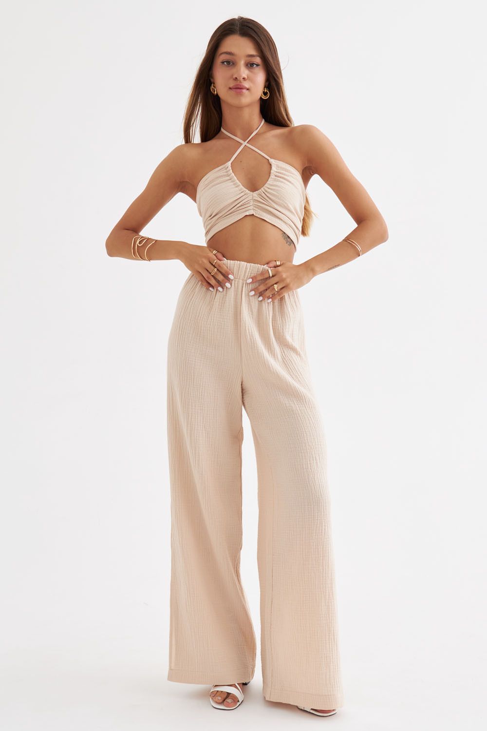 Брюки с разрезами из муслина бежевого цвета