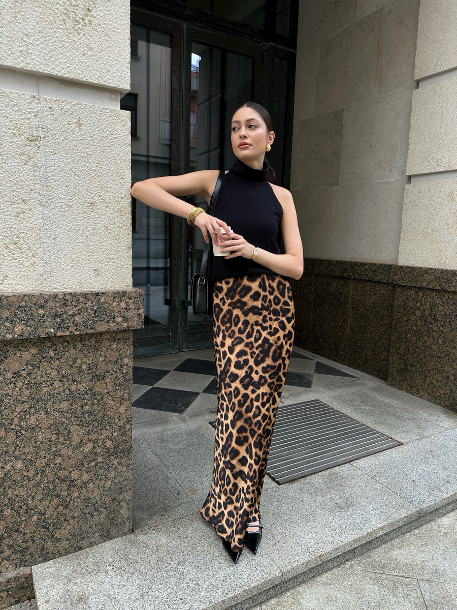 Юбка из шелка косого кроя макси леопард