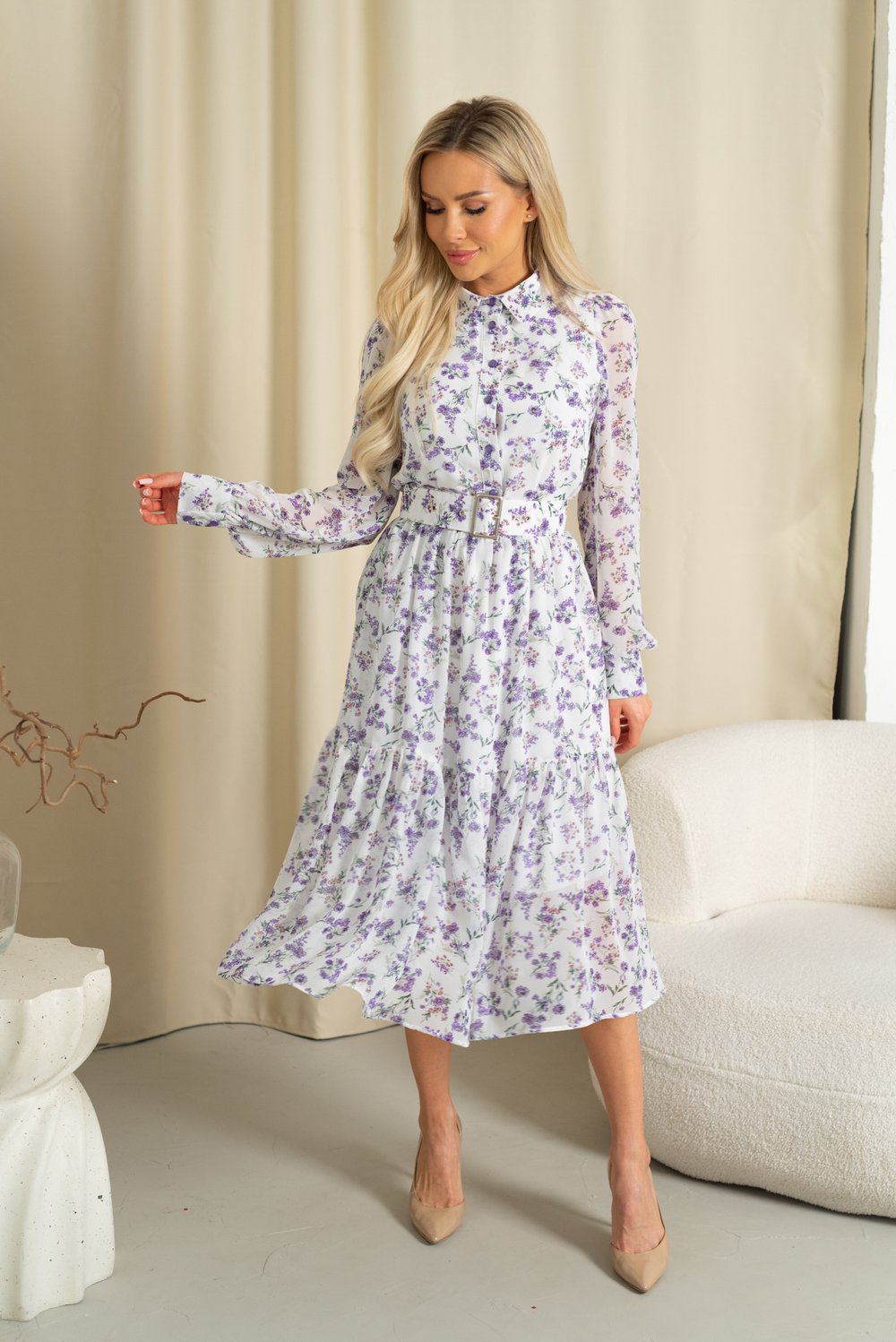 Платье с сиреневыми цветами из шифона с подкладкой