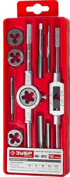 ЗУБР 12 предм., сталь 9ХС, набор метчиков и плашек в пластиковом боксе (28121-H12)