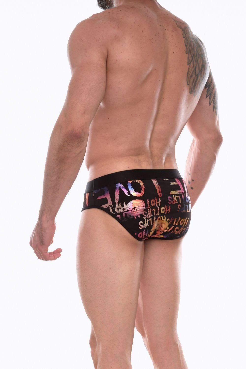 Черные трусы-брифы с блестящим принтом в виде надписей и губ (Размер: XL) (Цвет: черный)