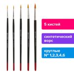 Кисти BRAUBERG, набор 5 шт. (синтетическая круглая № 1, 2, 3, 4, 5), блистер, 200218