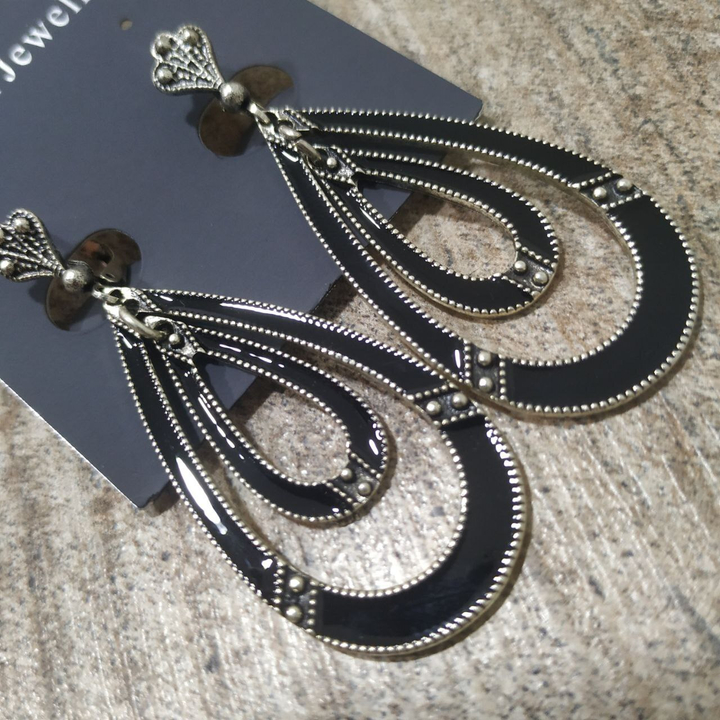 Серьги на англ.заст Bohemia Капля с подвеской капля эмаль черная металл античный серебристый