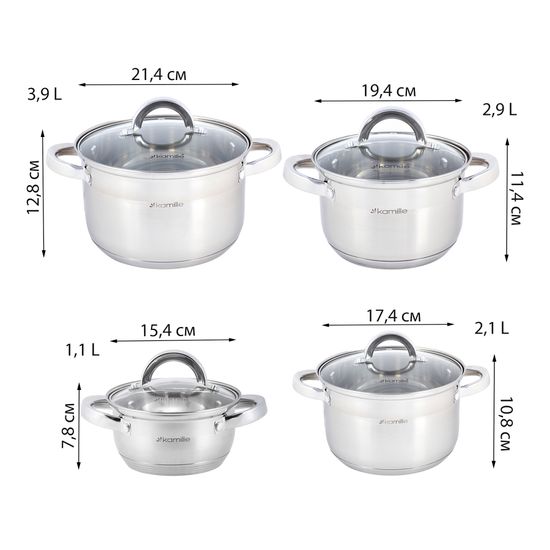 Набор кастрюль 8 предметов из нержавеющей стали Kamille KM-5637S (1,0 л; 1,8 л; 2,5 л; 3,8 л)