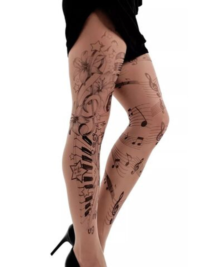 Колготки с принтом в виде музыкальных инструментов и нот (Размер: S-M-L) (Цвет: бежевый)