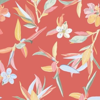 Весенние листья, цветы, абстракция на красном