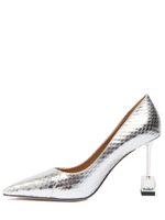 Женские туфли рептилия серебристые на каблуке