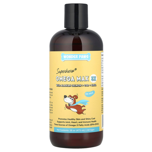 Wonder Paws, Superhero® Omega Max 3X, рыбий жир, дикий аляскинский лосось, треска и криль, для собак всех возрастов, 473 мл (16 унций)