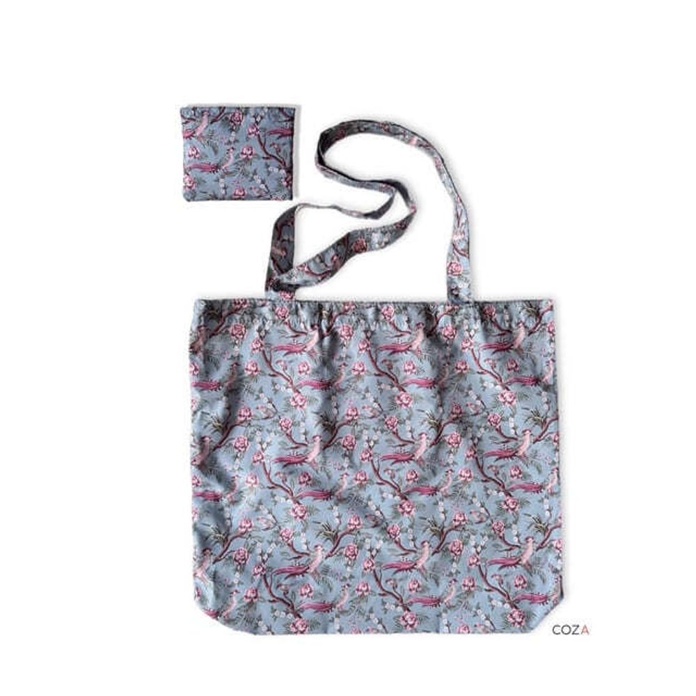 Сумка-шоппер COZA складная с принтом "Райские птицы", голубой фон, 35х41 см