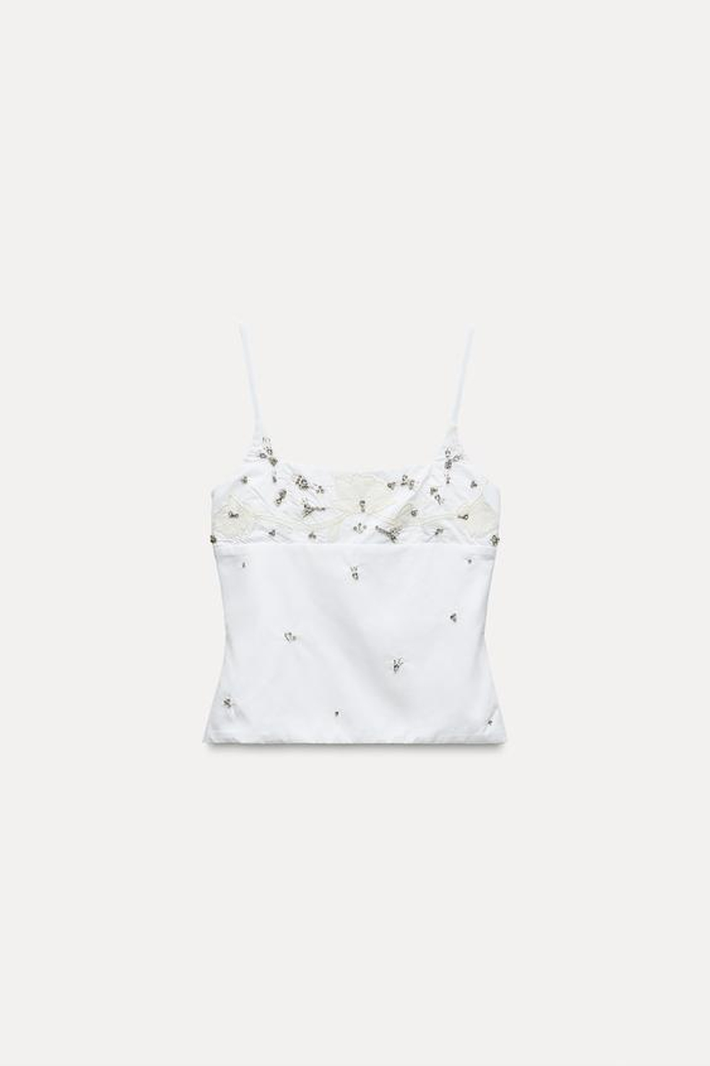 ZARA ТОП ИЗ ПОПЛИНА С ЦВЕТОЧНОЙ ВЫШИВКОЙ И СТРАЗАМИ, БЕЛЫЙ