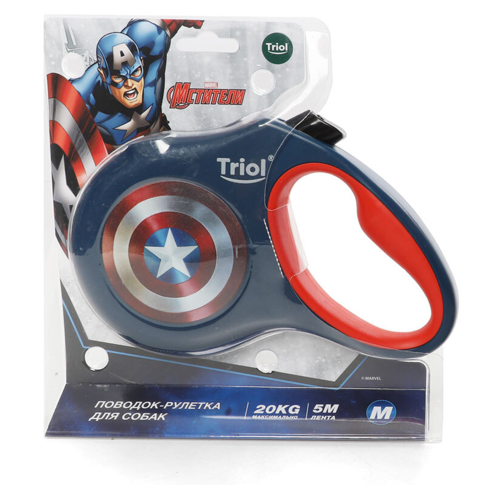 Поводок-рулетка для собак Marvel Капитан Америка M, 5м до 20кг, лента, Triol-Disney