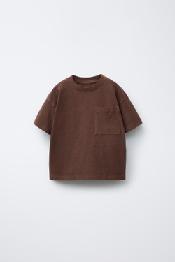 ZARA ФУТБОЛКА GARMENT DYE С КАРМАНОМ, КОРИЧНЕВЫЙ