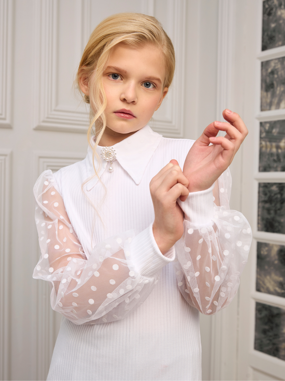 Блузка школьная для девочки с длинным рукавом белая
