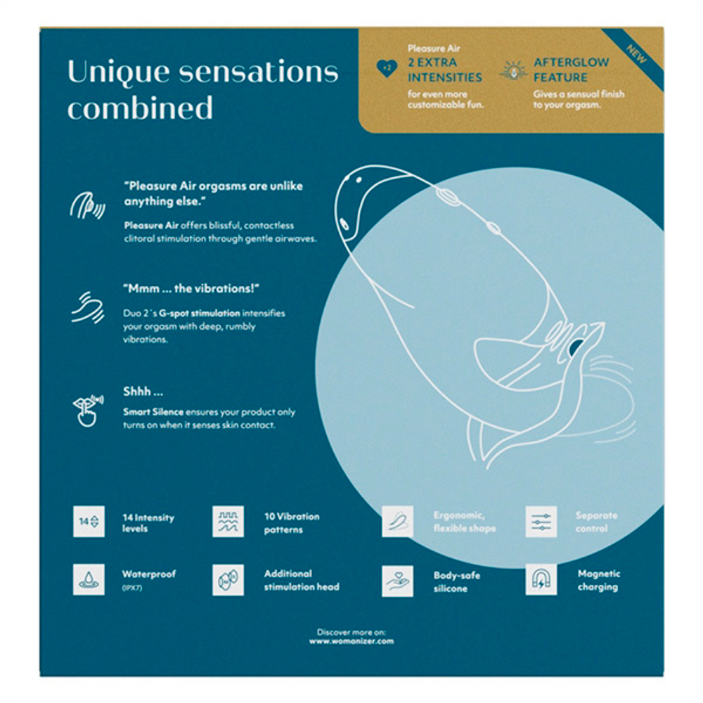 Бирюзовый вибратор 20,3см с вакуумным стимулятором Womanizer Duo 2 Petrol WZ142SG8