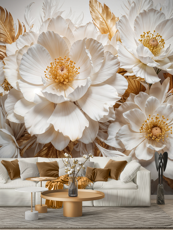 3D Фотообои Белые цветы и золотые перья